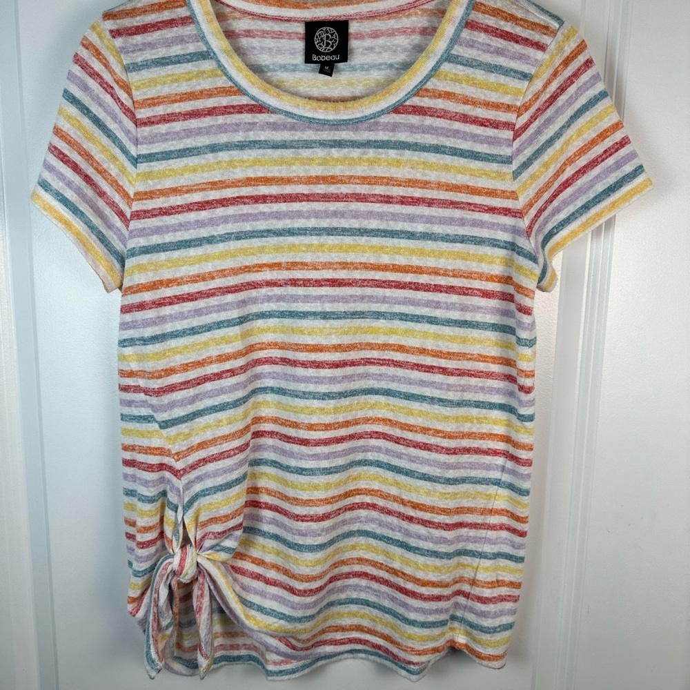Bobeau Rainbow Stripe Tie Hem Tee Short Sleeve Top Size Medium - Picture 4 of 7